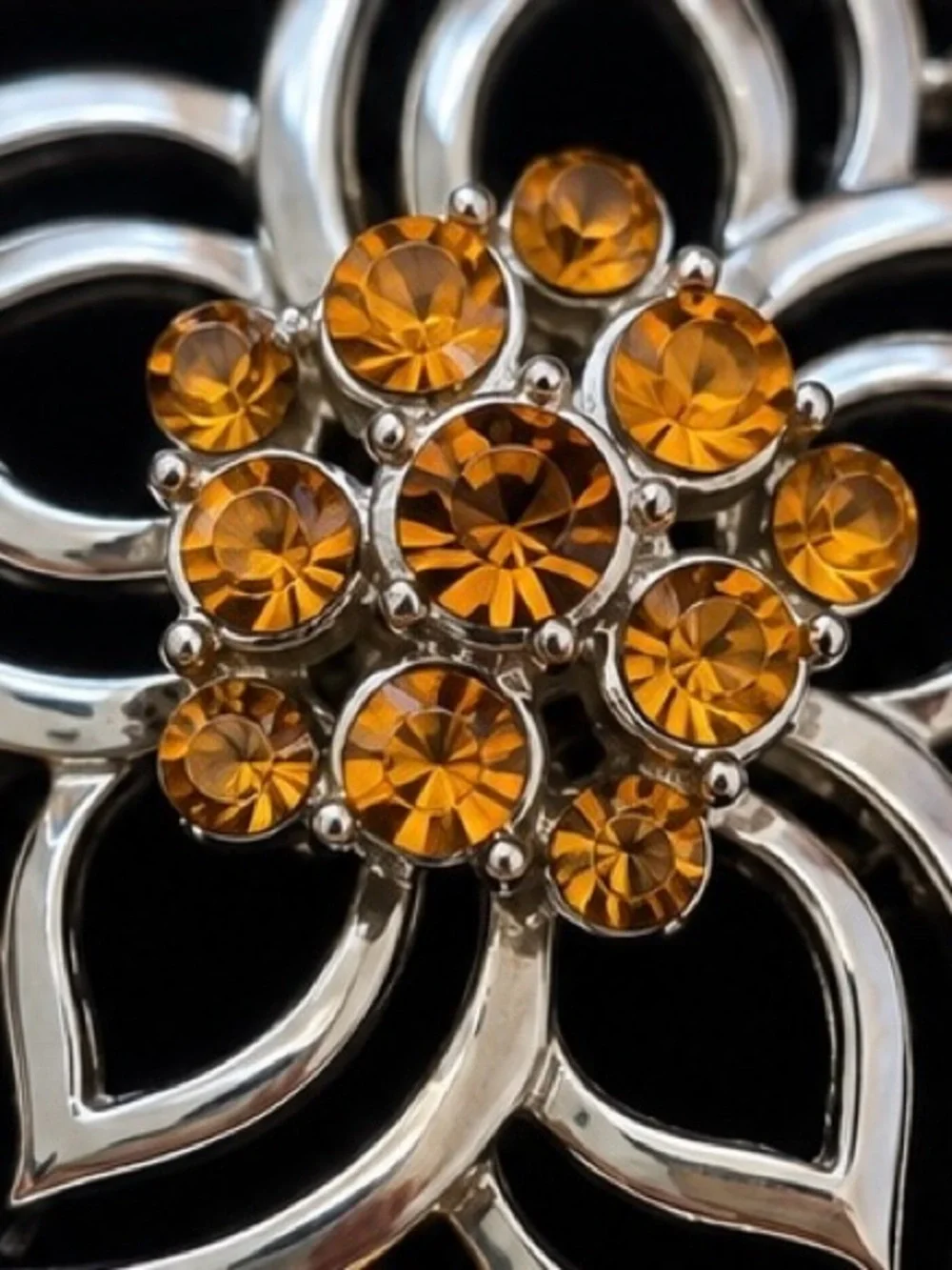 Vintage Cora Amber Rhinestone Floral Brooch | Silver Tone Openwork Pin | Signed